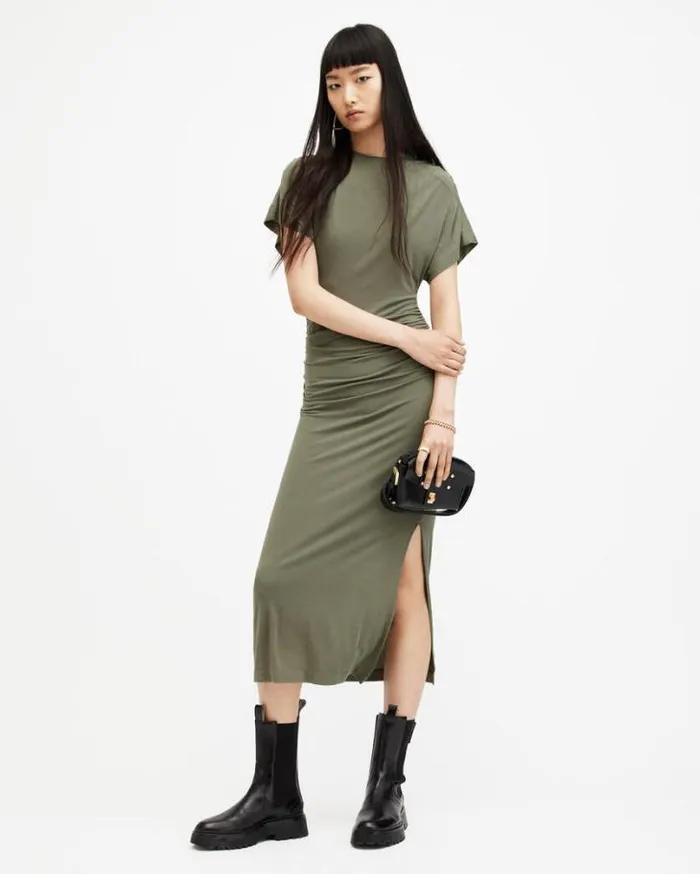 Natalie Slim Fit Gathered Midi Dress Green Women AllSaints Dresses