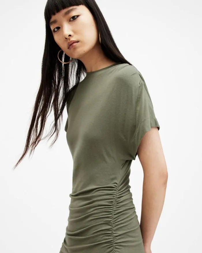 Natalie Slim Fit Gathered Midi Dress Green Women AllSaints Dresses