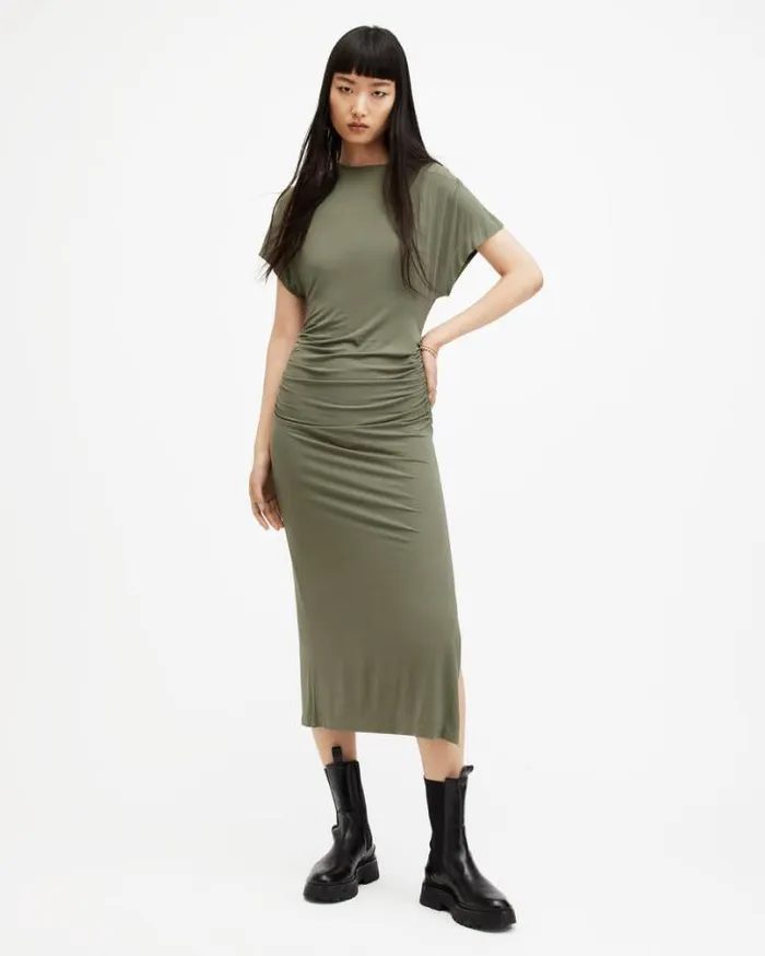 Natalie Slim Fit Gathered Midi Dress Green Women AllSaints Dresses