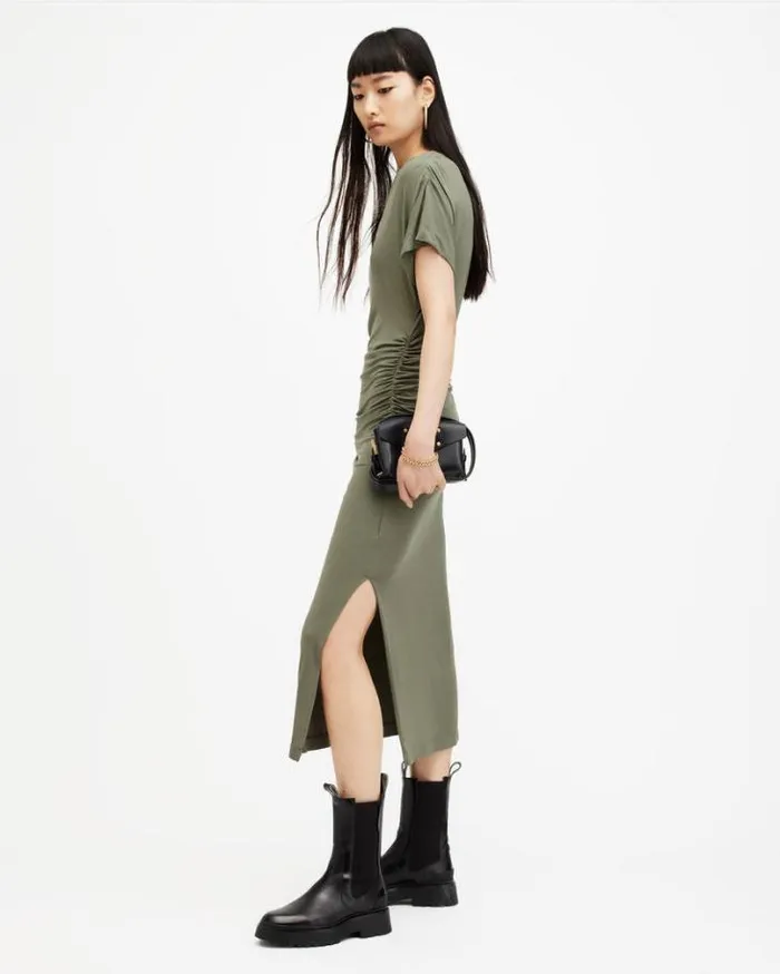 Natalie Slim Fit Gathered Midi Dress Green Women AllSaints Dresses