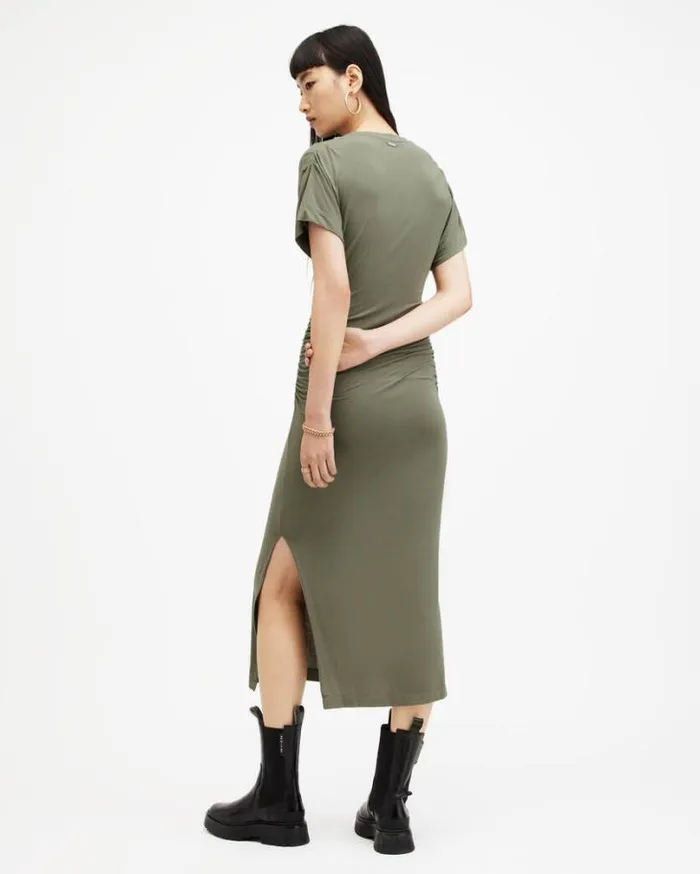 Natalie Slim Fit Gathered Midi Dress Green Women AllSaints Dresses