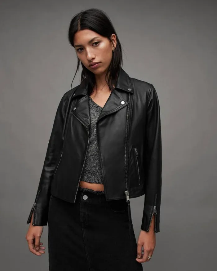 Neve Shrunken Slim Leather Biker Jacket Black Women AllSaints Leather Jackets