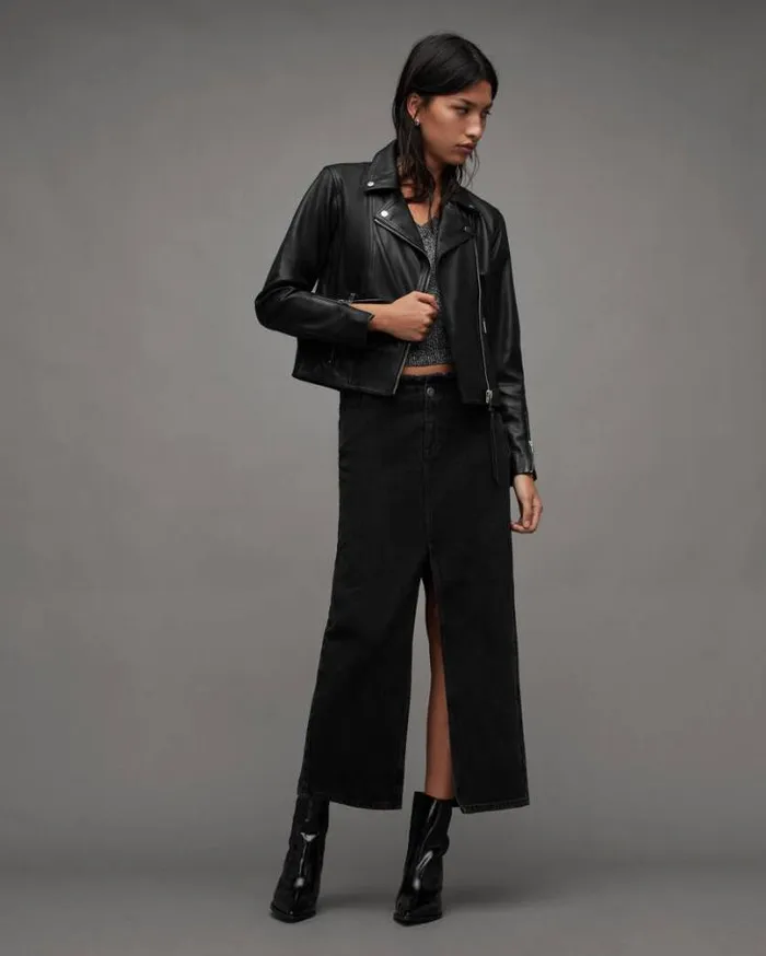 Neve Shrunken Slim Leather Biker Jacket Black Women AllSaints Leather Jackets Neve Shrunken Slim Leather Biker Jacket Black Women AllSaints Leather Jackets