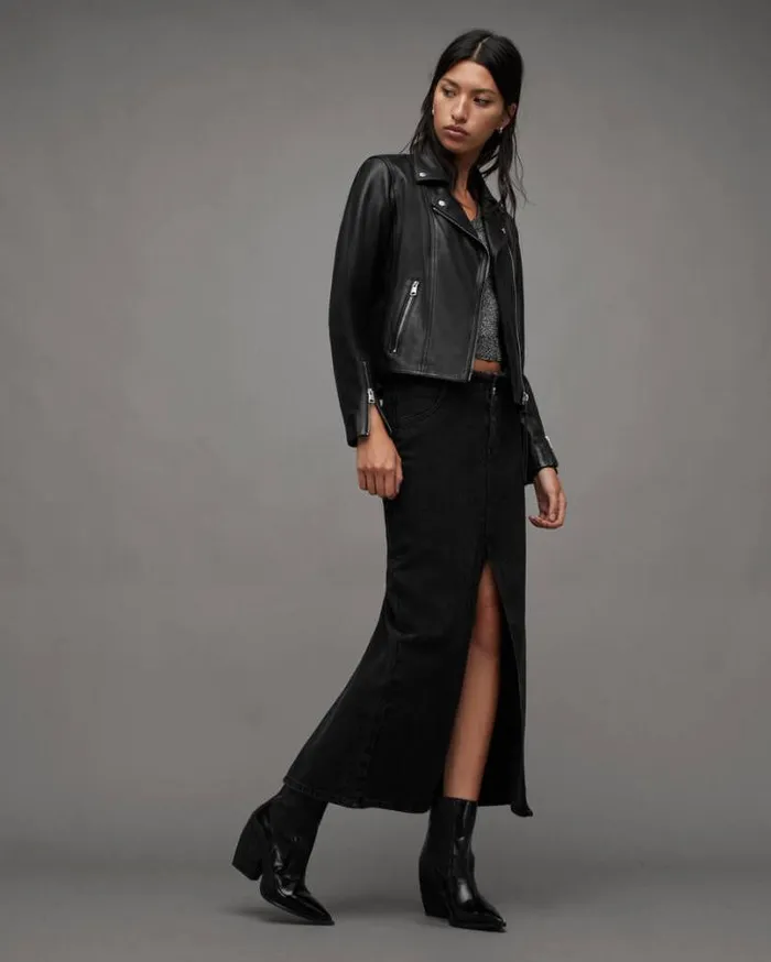 Neve Shrunken Slim Leather Biker Jacket Black Women AllSaints Leather Jackets Neve Shrunken Slim Leather Biker Jacket Black Women AllSaints Leather Jackets