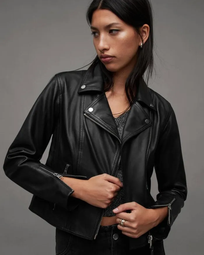 Neve Shrunken Slim Leather Biker Jacket Black Women AllSaints Leather Jackets Neve Shrunken Slim Leather Biker Jacket Black Women AllSaints Leather Jackets