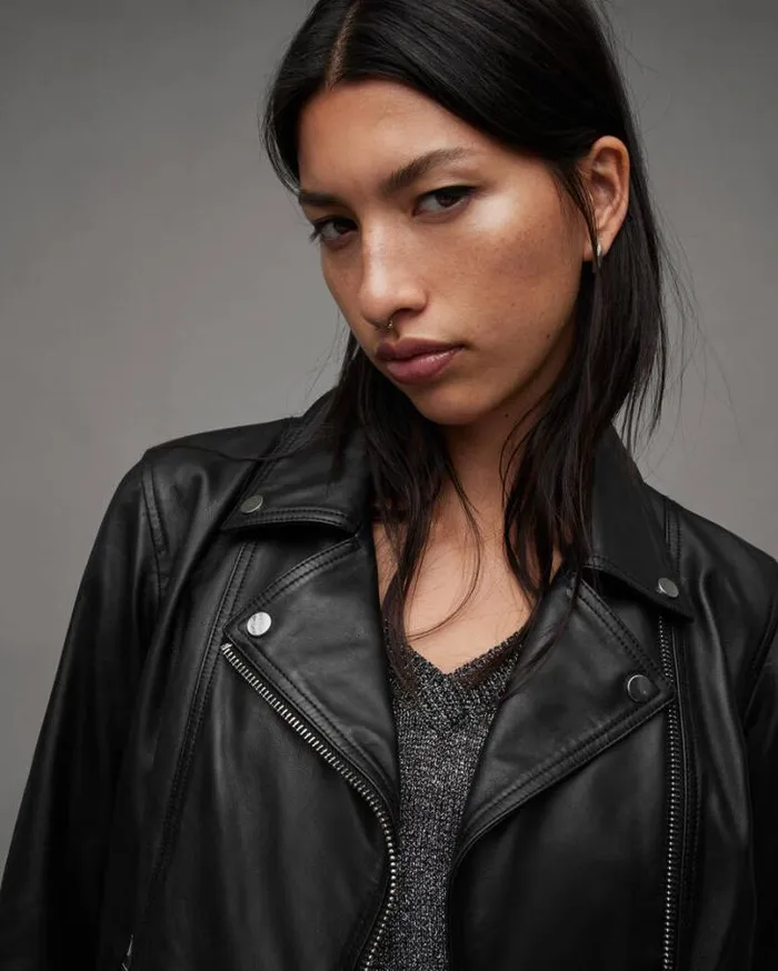 Neve Shrunken Slim Leather Biker Jacket Black Women AllSaints Leather Jackets Neve Shrunken Slim Leather Biker Jacket Black Women AllSaints Leather Jackets