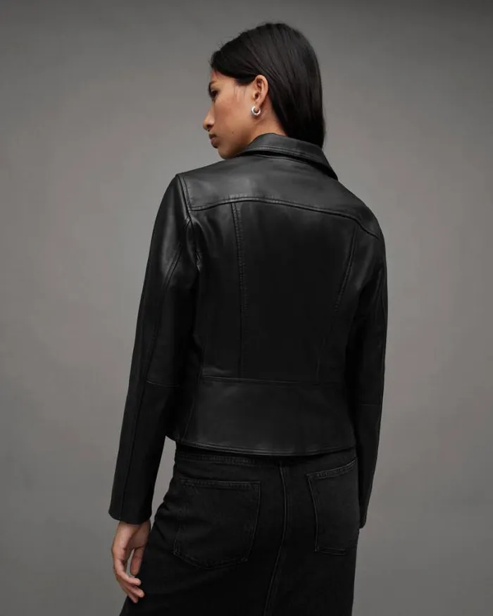 Neve Shrunken Slim Leather Biker Jacket Black Women AllSaints Leather Jackets Neve Shrunken Slim Leather Biker Jacket Black Women AllSaints Leather Jackets