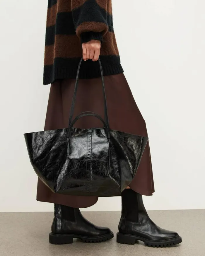Odette Leather Tote Bag Black Shine Women AllSaints Handbags and Wallets