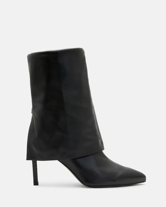 Odyssey Knee High Folding Leather Boots Black Women AllSaints Shoes and Boots