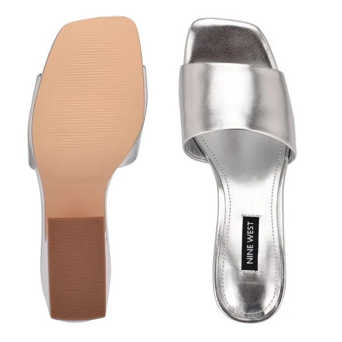 Oklee Platform Slide Sandals Silver Women Nine West Casual Oklee Platform Slide Sandals Silver Women Nine West Casual