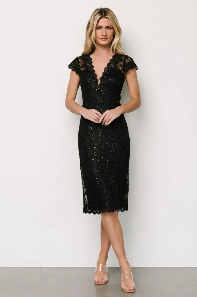 Oriana Embossed Shimmer Midi Dress Black Women Baltic Born Embellished Sequin