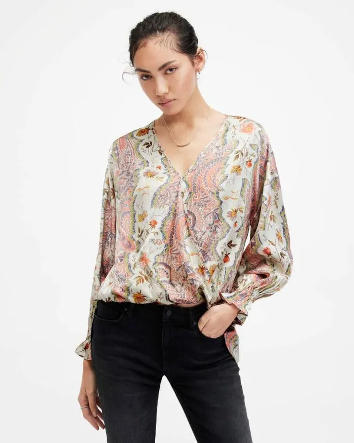 Penny Wrap Over Paisley Print Shirt Spring Green Women AllSaints Tops and Shirts