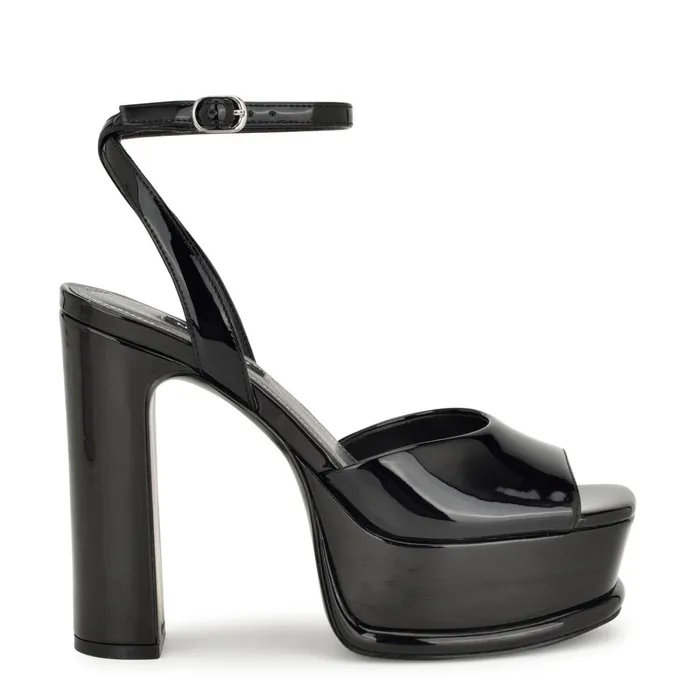 Platt Platform Ankle Strap Sandals Black Patent Women Nine West Heeled