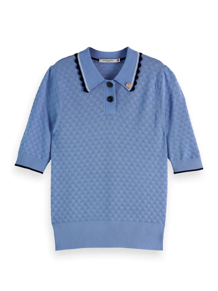Pointelle Collared Knitted Tee Mystic Blue Women Scotch and Soda Knitwear