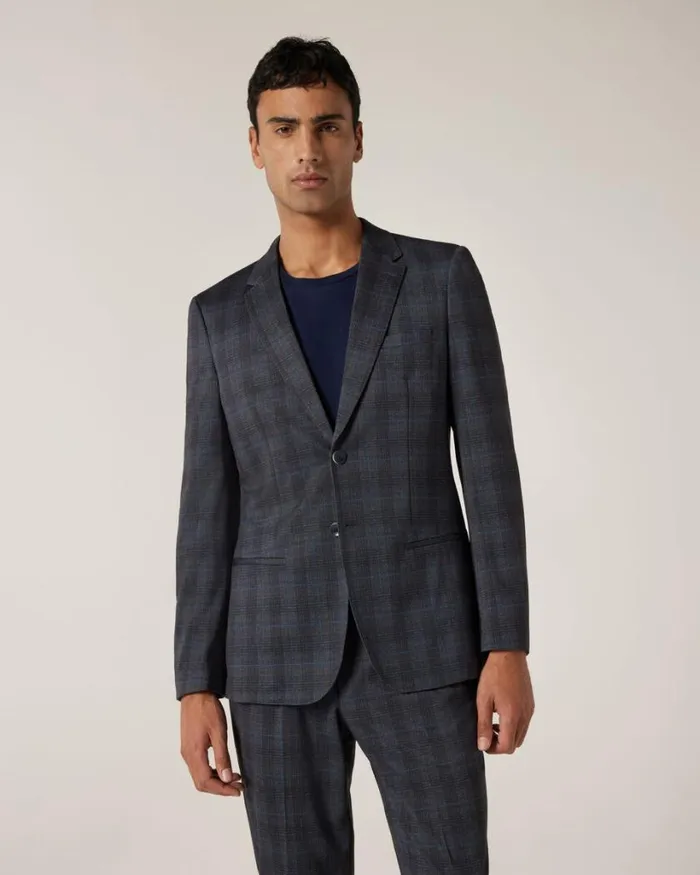 Politix Blazers Men Travel Jersey Check Tailored Jacket Charcoal Marle