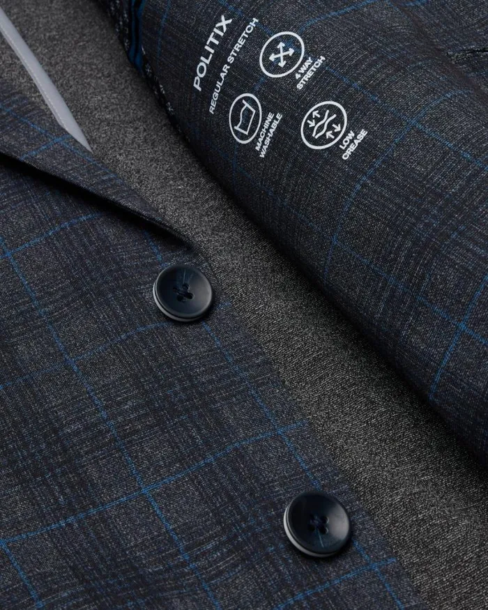 Politix Blazers Men Travel Jersey Check Tailored Jacket Charcoal Marle