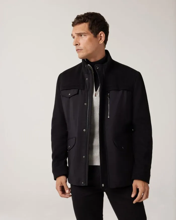 Politix Coats and Jackets Men Funnel Neck Contrast Wool Blend And Tech Fabric Coat Black Politix Coats and Jackets Men Funnel Neck Contrast Wool Blend And Tech Fabric Coat Black