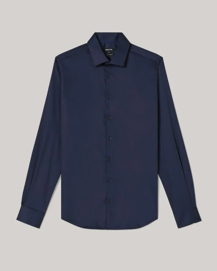 Politix Formal Shirts Men Slim Sateen Long Sleeve Shirt Navy