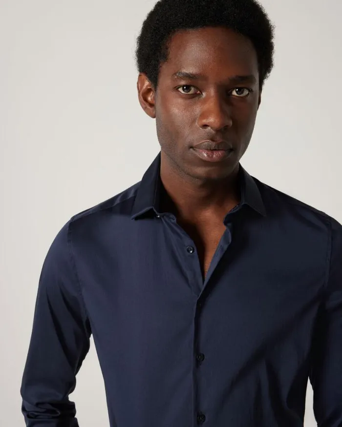 Politix Formal Shirts Men Slim Sateen Long Sleeve Shirt Navy