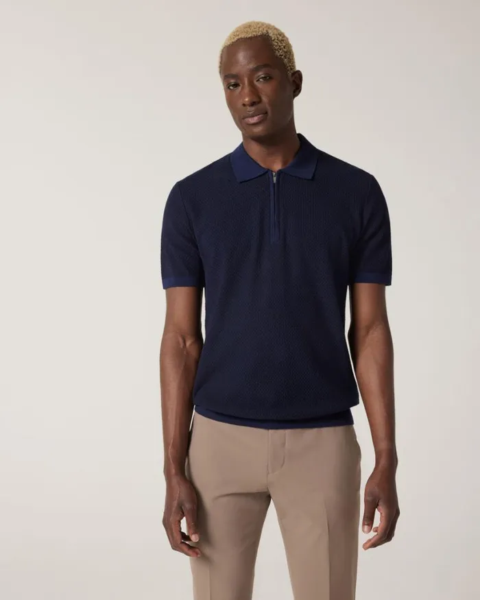 Politix Knitwear Men Textured Knit Zip Polo Navy