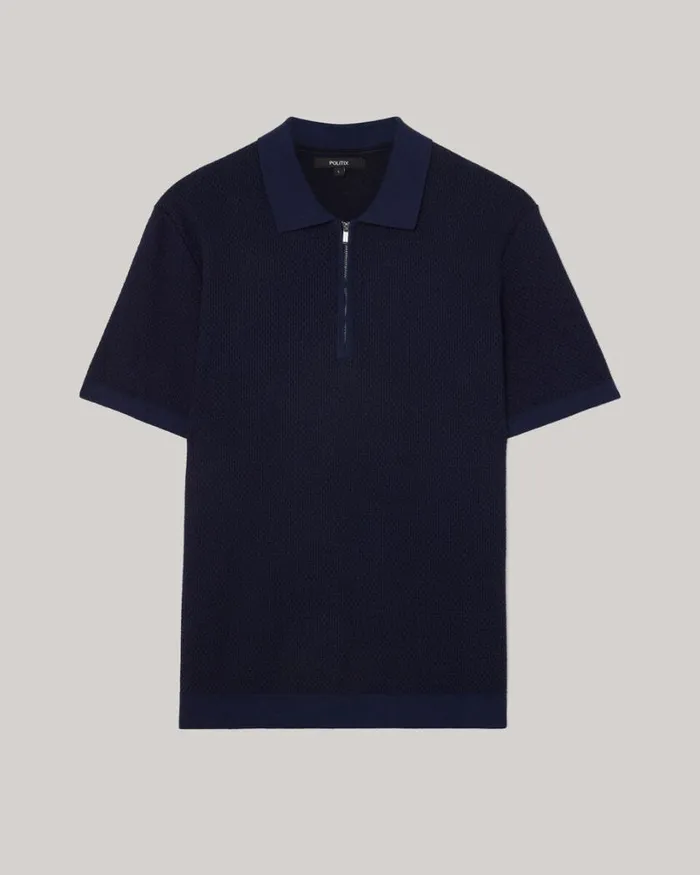 Politix Knitwear Men Textured Knit Zip Polo Navy
