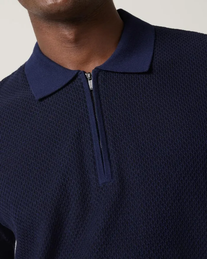 Politix Knitwear Men Textured Knit Zip Polo Navy