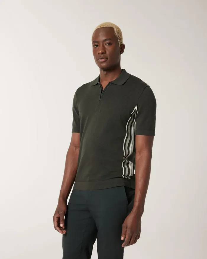 Politix Polo Shirts Men Side Stripe Panel Zipup Collar Polo Green