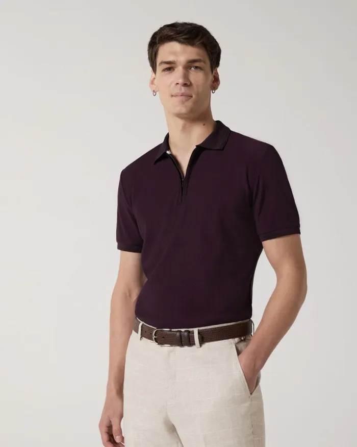 Politix Polo Shirts Men Textured Zipup Polo Aubergine