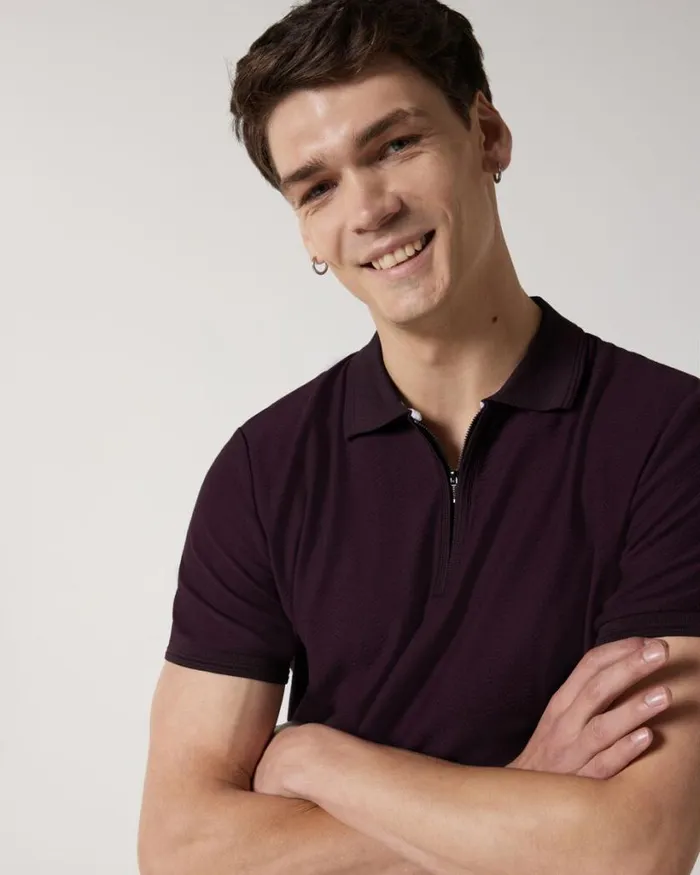 Politix Polo Shirts Men Textured Zipup Polo Aubergine
