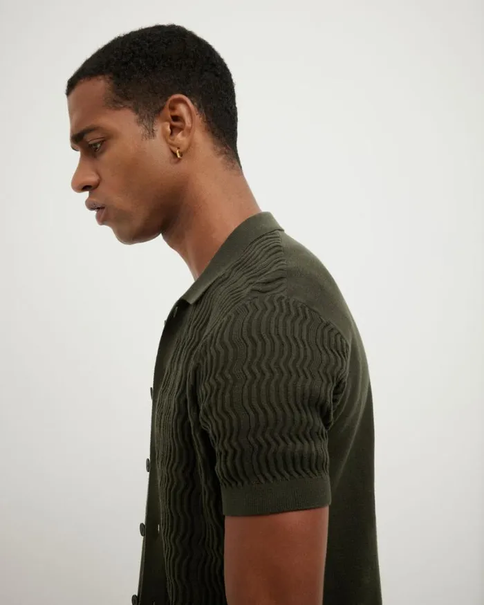 Politix Shirts Men Wave Knit Button Down Short Sleeve Shirt Khaki