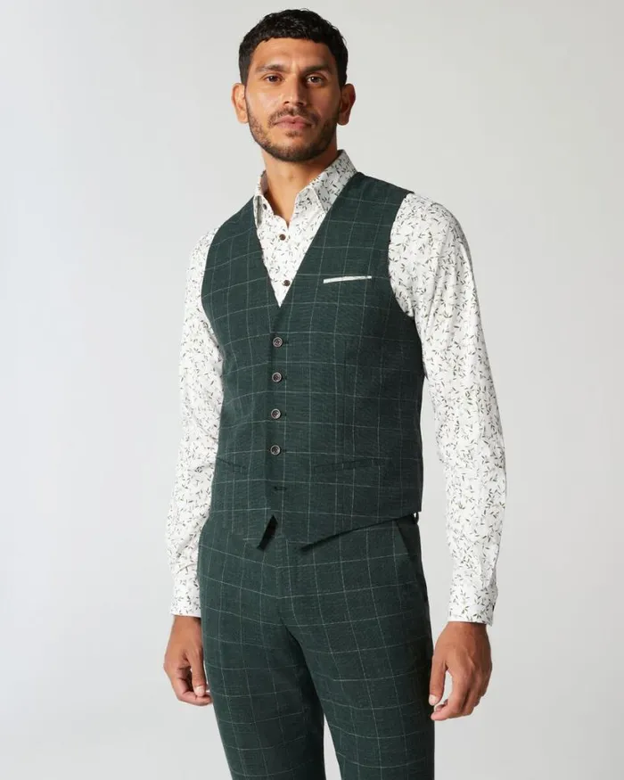 Politix Vests Men 5 Button Windowpane Check Tailored Vest Forest Windowpane