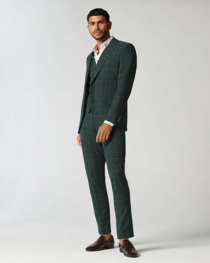 Politix Vests Men 5 Button Windowpane Check Tailored Vest Forest Windowpane