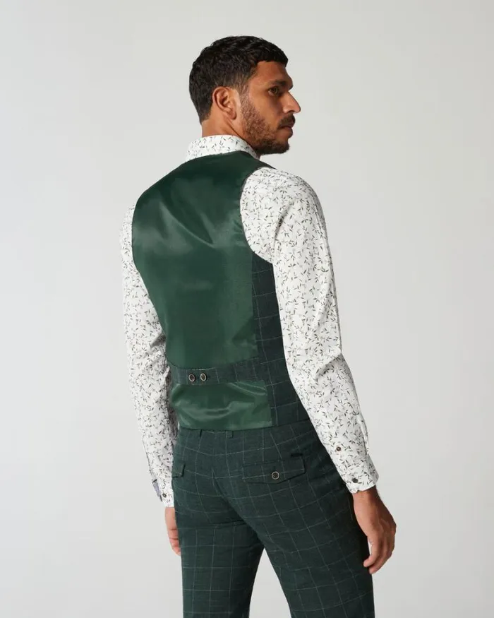 Politix Vests Men 5 Button Windowpane Check Tailored Vest Forest Windowpane