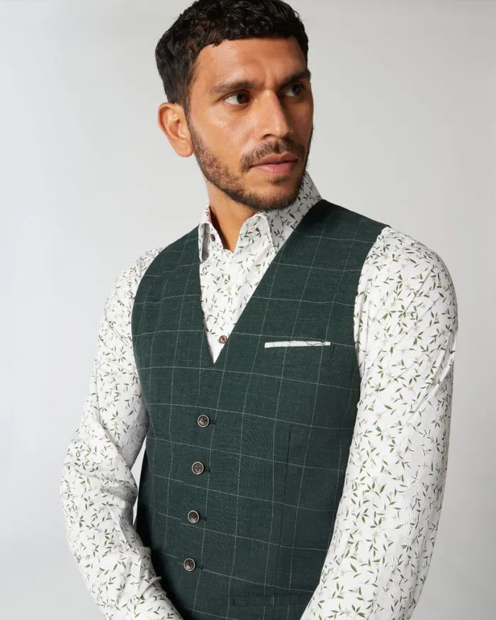 Politix Vests Men 5 Button Windowpane Check Tailored Vest Forest Windowpane