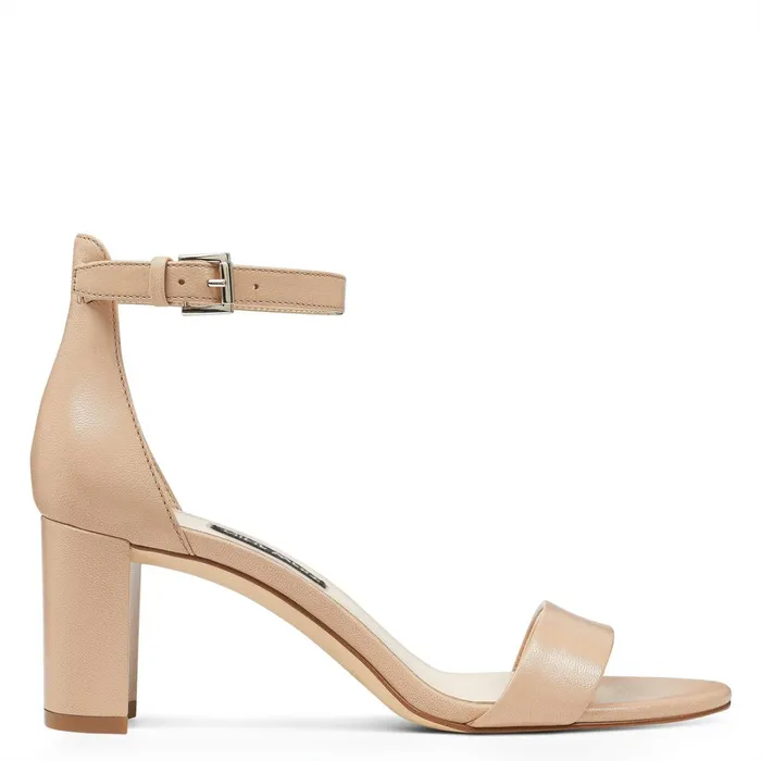 Pruce Ankle Strap Block Heel Sandals Barely Nude Leather Women Nine West Dress