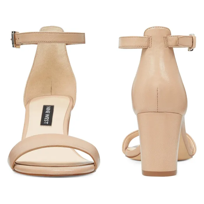 Pruce Ankle Strap Block Heel Sandals Barely Nude Leather Women Nine West Dress Pruce Ankle Strap Block Heel Sandals Barely Nude Leather Women Nine West Dress