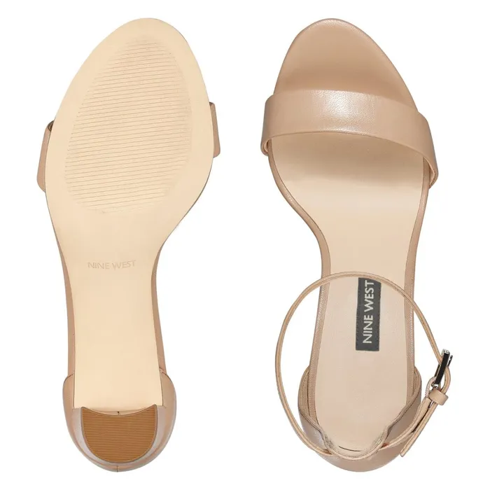 Pruce Ankle Strap Block Heel Sandals Barely Nude Leather Women Nine West Dress Pruce Ankle Strap Block Heel Sandals Barely Nude Leather Women Nine West Dress