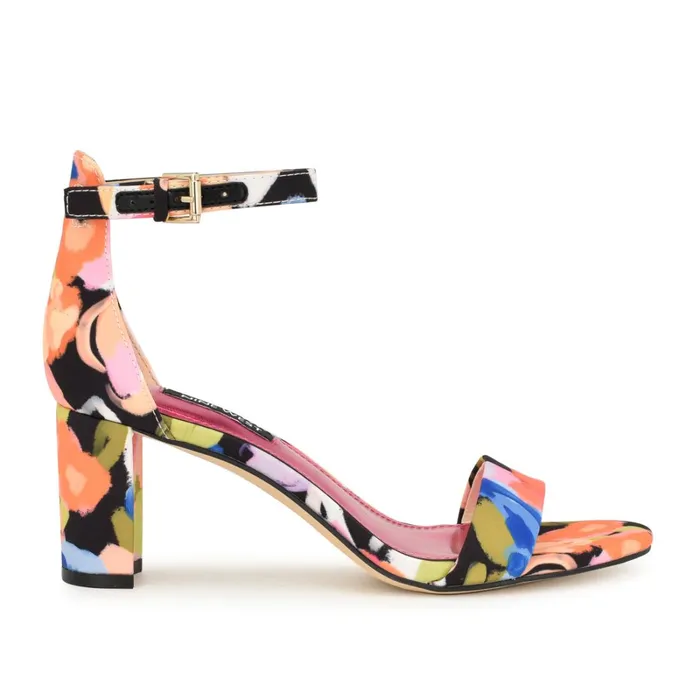 Pruce Ankle Strap Block Heel Sandals Black Floral Women Nine West Mid Heels