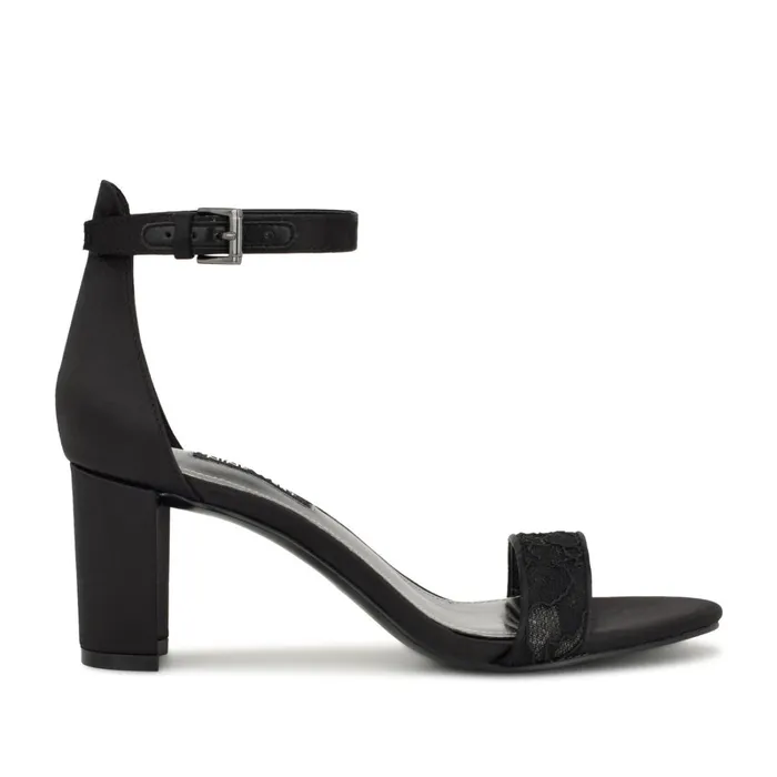 Pruce Ankle Strap Block Heel Sandals Black Lace Women Nine West Heeled