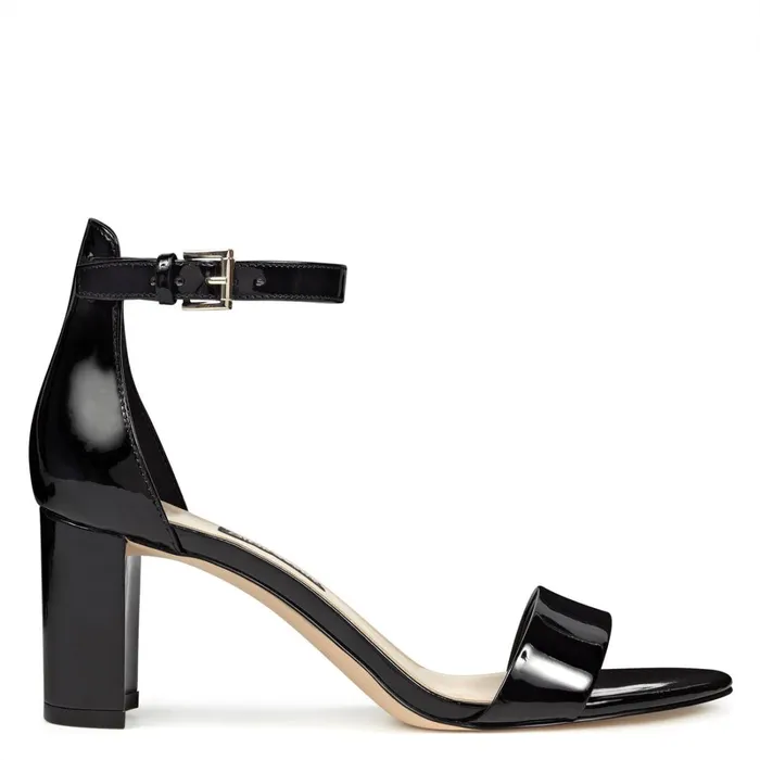 Pruce Ankle Strap Block Heel Sandals Black Patent Women Nine West Mid Heels