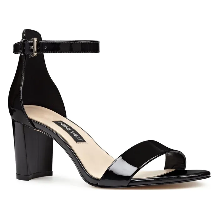 Pruce Ankle Strap Block Heel Sandals Black Patent Women Nine West Mid Heels Pruce Ankle Strap Block Heel Sandals Black Patent Women Nine West Mid Heels