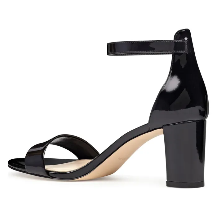 Pruce Ankle Strap Block Heel Sandals Black Patent Women Nine West Mid Heels Pruce Ankle Strap Block Heel Sandals Black Patent Women Nine West Mid Heels