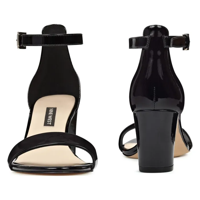Pruce Ankle Strap Block Heel Sandals Black Patent Women Nine West Mid Heels Pruce Ankle Strap Block Heel Sandals Black Patent Women Nine West Mid Heels