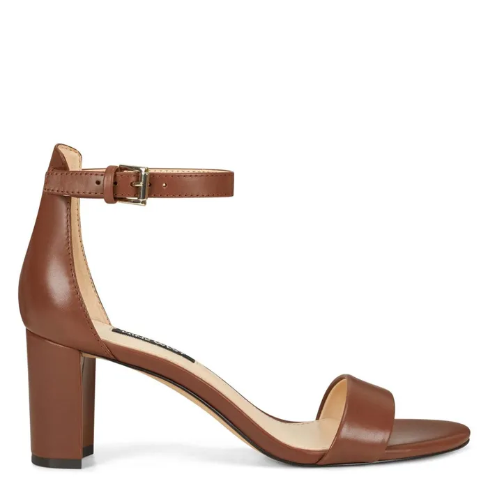 Pruce Ankle Strap Block Heel Sandals Dark Brown Leather Women Nine West Mid Heels