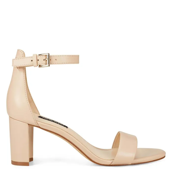 Pruce Ankle Strap Block Heel Sandals Ivory Leather Women Nine West Dress