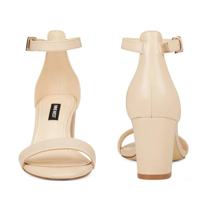 Pruce Ankle Strap Block Heel Sandals Ivory Leather Women Nine West Dress