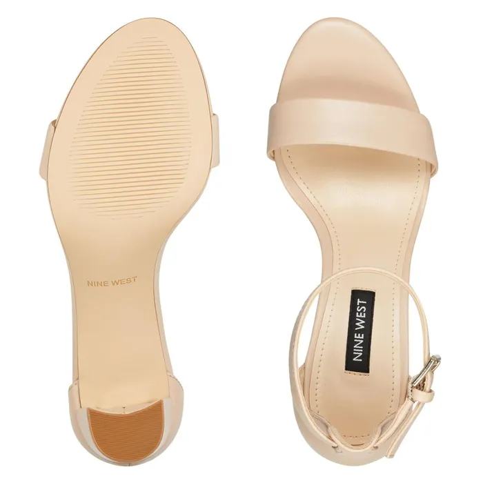 Pruce Ankle Strap Block Heel Sandals Ivory Leather Women Nine West Dress