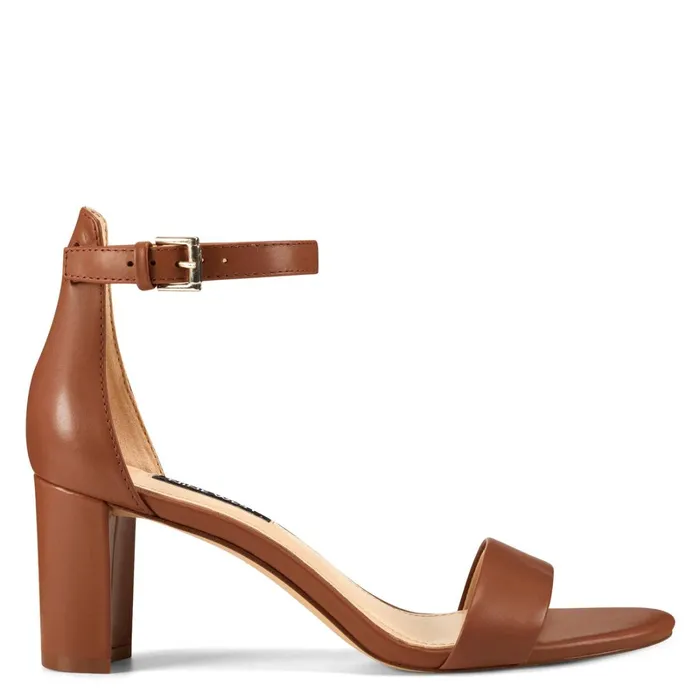 Pruce Ankle Strap Block Heel Sandals Light Brown Leather Women Nine West Heeled