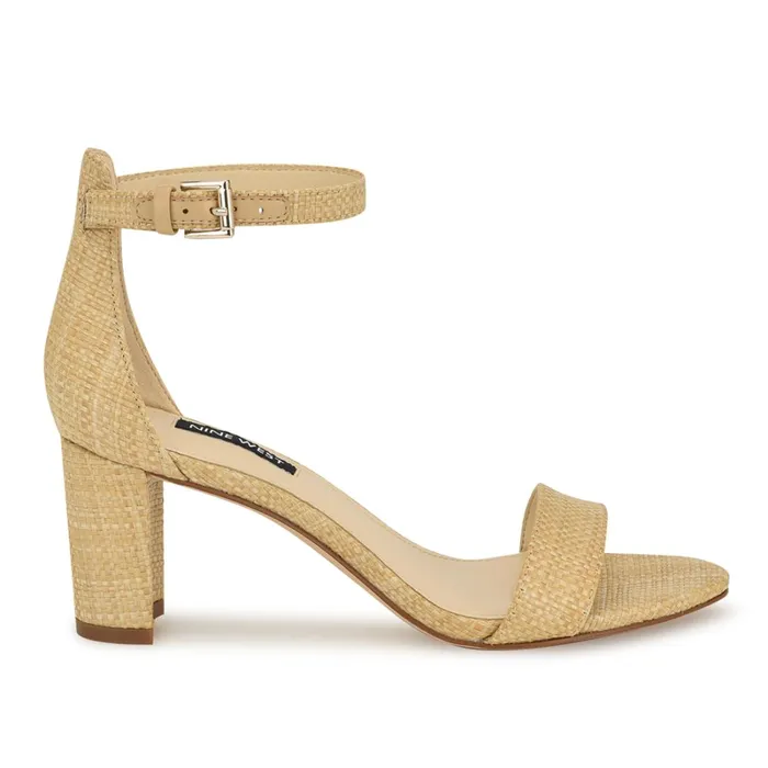 Pruce Ankle Strap Block Heel Sandals Light Natural Raffia Women Nine West Mid Heels