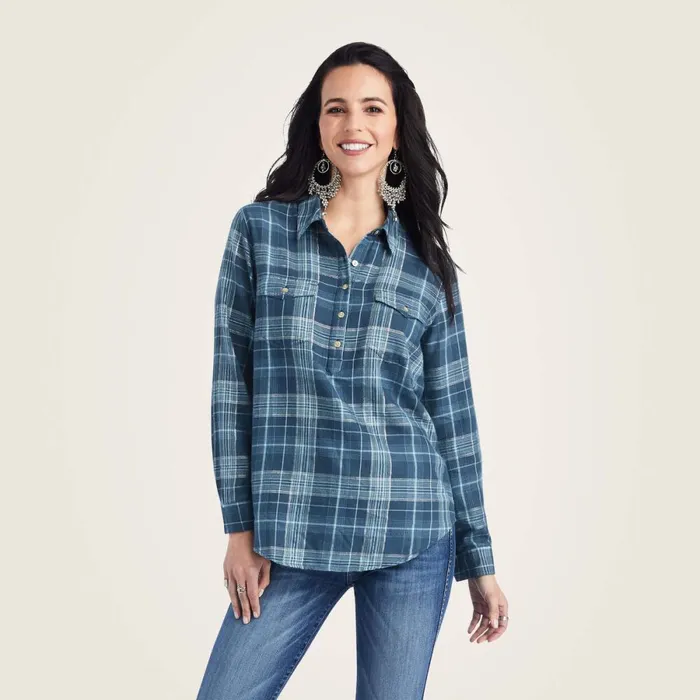 REAL Billie Jean Popover Shirt Lurex Plaid Women Ariat TShirts and Tops